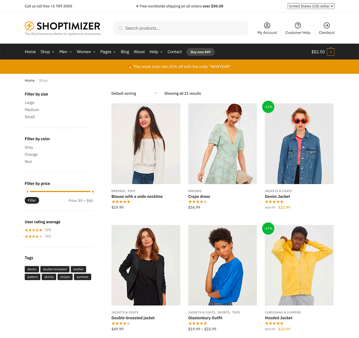 The Shoptimizer shop with default WooCommerce filter widgets displayed in the sidebar