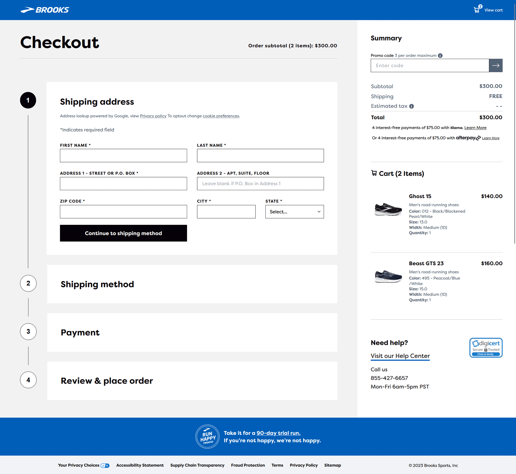 Brooks Checkout Page